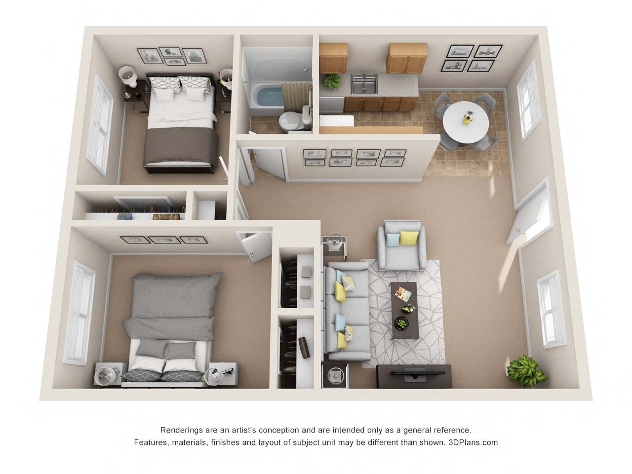 Floor plan for 2 beds, 1 bath, 689 sqft